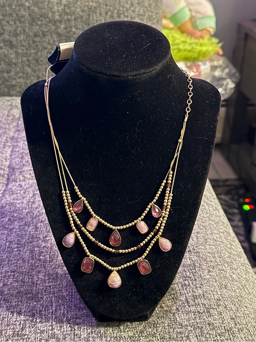 Napier Gold-Tone Layered Necklace with Pink Teardrops
